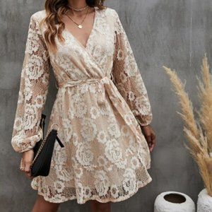 Classyc Lace Surplice Collar Ruffle Hem Belted Dress